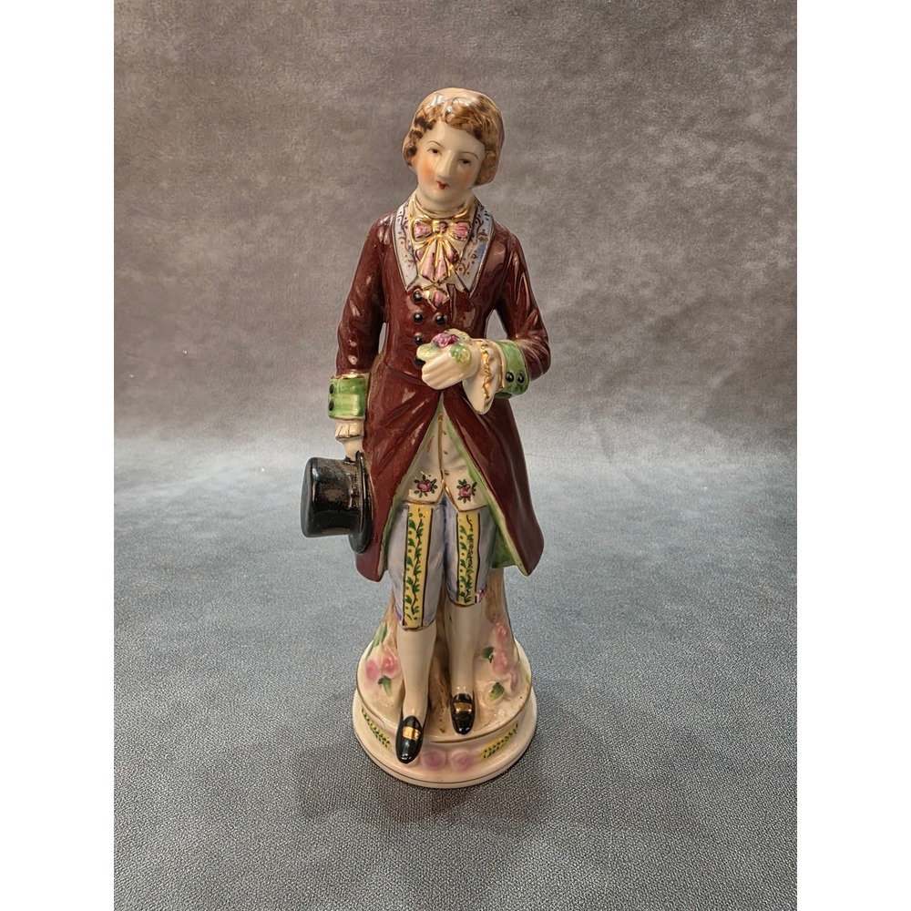 Vintage Made in Occupied Japan Porcelain Figurine Gentleman Burgundy Gold 8.5"